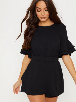 Black Frill Sleeve Tie Back Romper