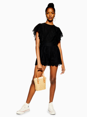 Black Broderie Flute Sleeve Romper