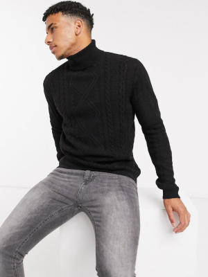 Asos Design Lambswool Cable Knit Roll Neck Sweater In Black