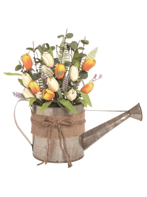 Transpac Metal 16 In. Multicolor Easter Faux Floral Watering Can Hanging Arrangement