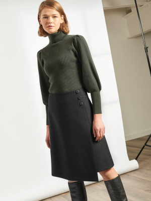 Audrey Stretch Winter Wool Blend Flap Front A-line Skirt - Charcoal