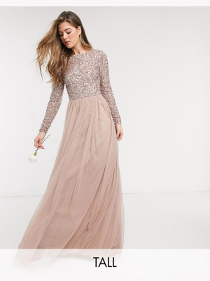Maya Tall Bridesmaid Long Sleeve V Back Maxi Tulle Dress With Tonal Delicate Sequin In Taupe Blush