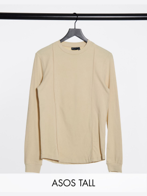 Asos Design Tall Muscle Fit Smart Long Sleeve T-shirt With Pintuck Detail In Beige