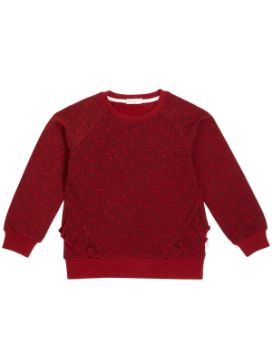 Miles Girls Pixel Heart Ruffled Crew Neck Sweater - Red