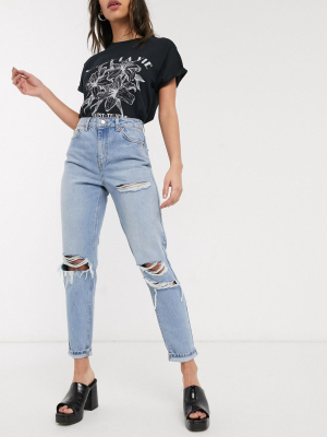 Topshop Ripped Pocket Detail Mom Jeans In Bleach Wash