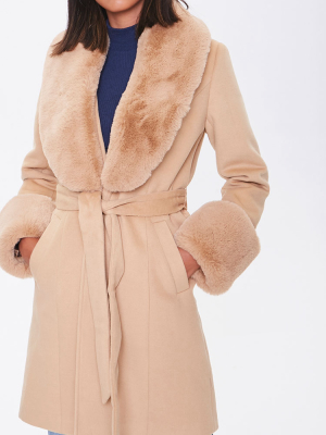 Faux Fur-trim Wrap Coat