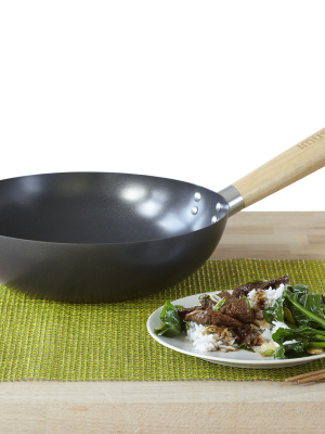 Imusa 11" Carbon Steel Wok With Wooden Handle Black
