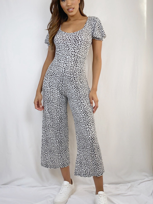 White Dalmatian Short Puff Sleeve Culotte Jumpsuit