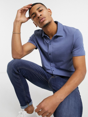 Asos Design Organic Muscle Fit Jersey Shirt In Blue