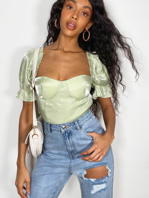 Sage Green Woven Short Puff Shoulder Sleeve...