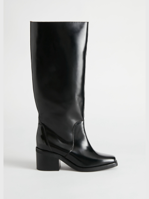 Square Toe Knee High Leather Boots