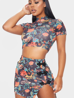 Multi Print High Neck Short Sleeve Crop Top