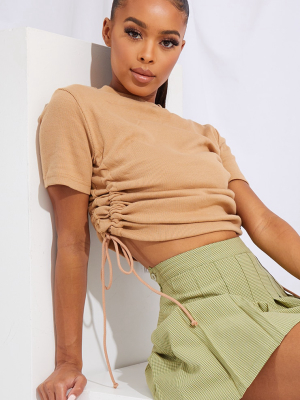 Camel Structured Rib Ruched Side Short Sleeve Top