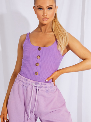 Purple Rib Button Front Thong Bodysuit