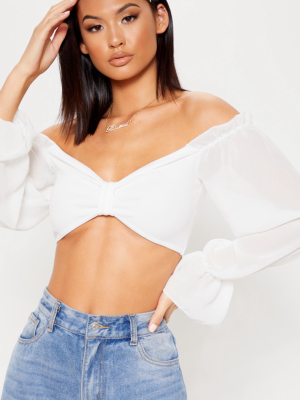 White Bardot Chiffon Flare Sleeve Crop Top