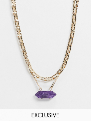 Reclaimed Vintage Inspired Multirow Chain Necklace With Purple Stone In Gold