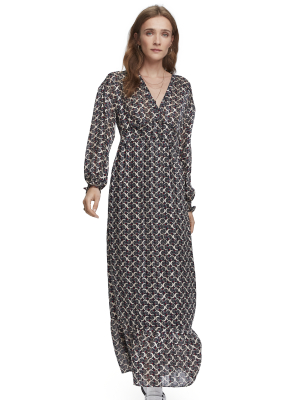 Sheer Printed Long Sleeve V-neck Maxi Dress