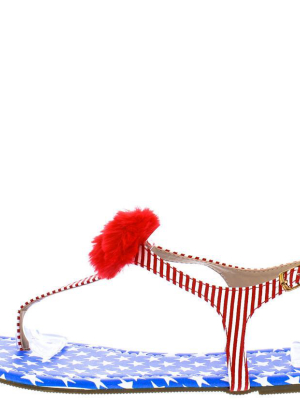 Isaiah096 Flag Fuzzy Pom Pom Thong Ankle Strap Sandal