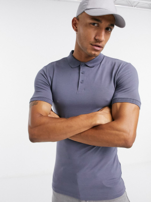 Asos Design Organic Muscle Fit Jersey Polo In Gray