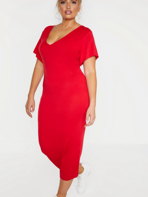 Plus Red Jersey V Neck T-shirt Midi Dress