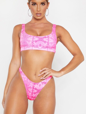 Pink Ribbed Tie Dye Scoop Neck Bikini Top