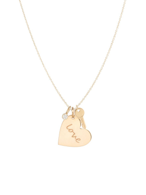 14k Gold Love Heart Charm Necklace With Key And Diamond