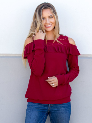 Ruffle Cold Shoulder Top - Cranberry