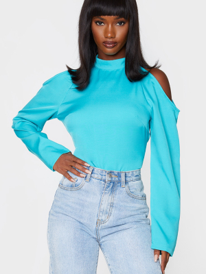 Blue Woven Cold Shoulder High Neck Bodysuit