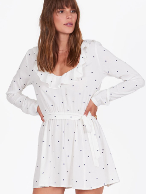 Last Hurrah Ruffle Long Sleeve Mini Dress - Casa Blanca Polka Dot Print