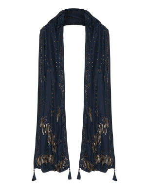 Wide Scarf With Tassel Luxe Navy