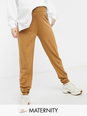 Fashionkilla Maternity Knitted Rib Sweatpants In Camel