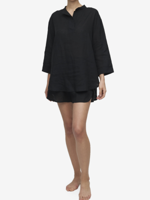 Set - Slip On Top And Curved Hem Short Black Linen