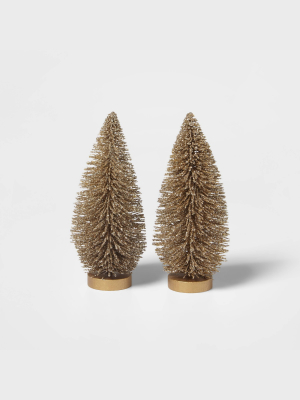2pk Glitter Bottle Brush Christmas Tree Decorative Figurine Set Gold - Wondershop™
