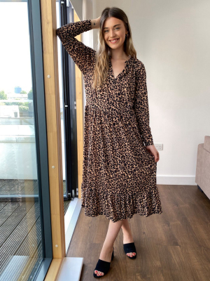 Asos Design Midi Smock Dress With Grandad Collar In Animal Print