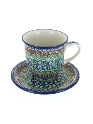 Blue Rose Polish Pottery Mardi Gras Coffee Mug & Saucer