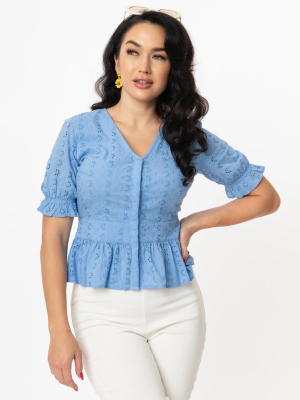 Blue Eyelet Peplum Jolene Blouse