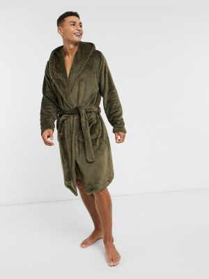 Asos Design Lounge Hooded Dressing Gown In Khaki Fleece