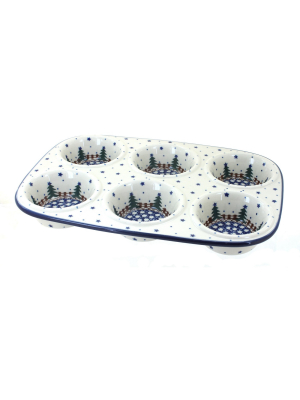 Blue Rose Polish Pottery Rustic Pines Muffin Pan