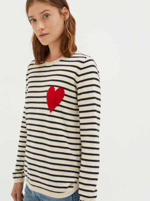 Cream With Navy Striped Heart Wool-cashmere Sweater