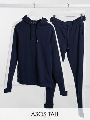 Asos Design Tall Tracksuit With Hoodie & Side Stripe In Navy