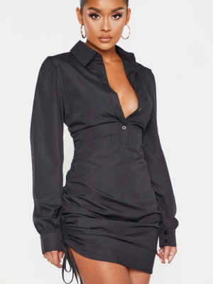 Black Ruched Side Fitted Shirt Dress