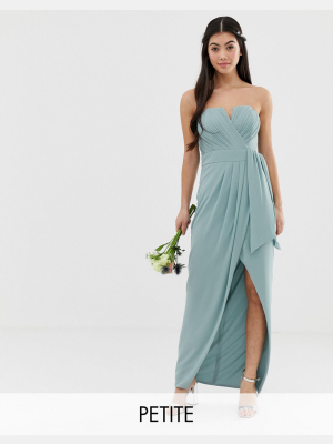 Tfnc Petite Bridesmaid Exclusive Bandeau Wrap Midaxi Dress With Pleated Detail In Sage