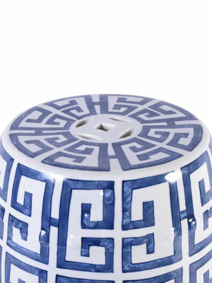 Greek Key Garden Stool, Blue And White