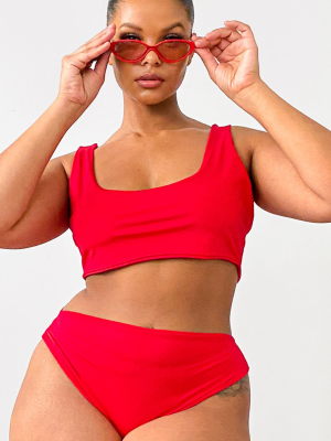 Plus Red Mix & Match Square Neck Cropped Bikini...