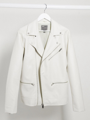 Asos Design Biker Jacket In White Faux Leather