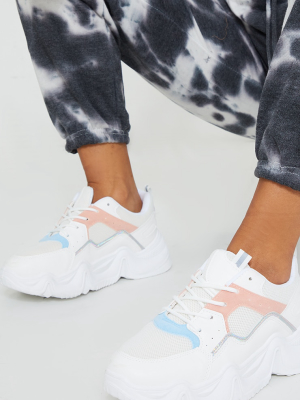 White Chunky Sole Mesh Panel Sneakers