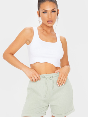 Sage Green Structured Rib Drawstring Waist Shorts