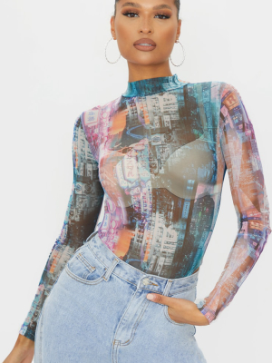 Multi Nyc Print Mesh High Neck Bodysuit