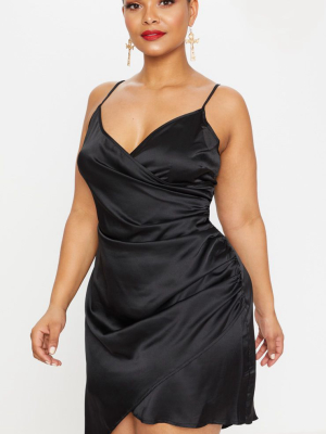 Plus Black Satin Wrap Dress