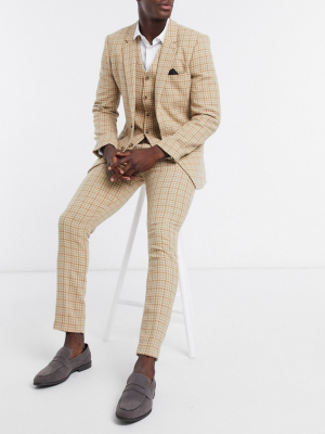 Asos Design Wedding Skinny Wool Mix Suit Pants In Camel Houndstooth Check